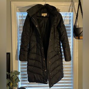 Michael Michael Kors Black Long Puffer Coat Faux Fur Hood Size M